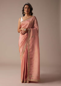 Apricot Blush Dupion Silk Saree With Gotta Patti Embroidered Floral Buttis