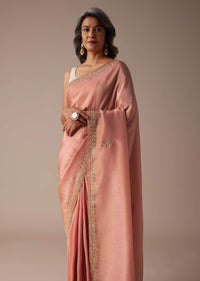 Apricot Blush Dupion Silk Saree With Gotta Patti Embroidered Floral Buttis