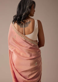 Apricot Blush Dupion Silk Saree With Gotta Patti Embroidered Floral Buttis