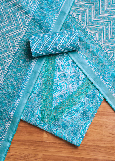 Aqua Blue Cotton Printed Unstitched Suit Set