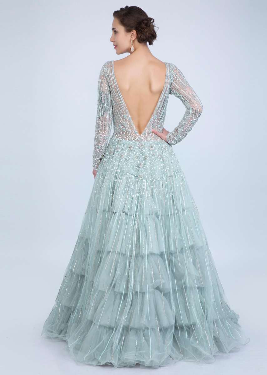 Aqua Blue Gown With Frilled Layer In Embroidered Net And Sheer Net Deep V Bodice