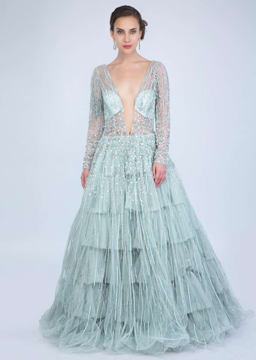 Aqua Blue Gown With Frilled Layer In Embroidered Net And Sheer Net Deep V Bodice