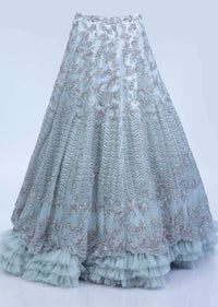 Aqua Blue Lehenga In Heavy Embroidered Net With Multi Layer Net Pleating At The Hem Online - Kalki Fashion