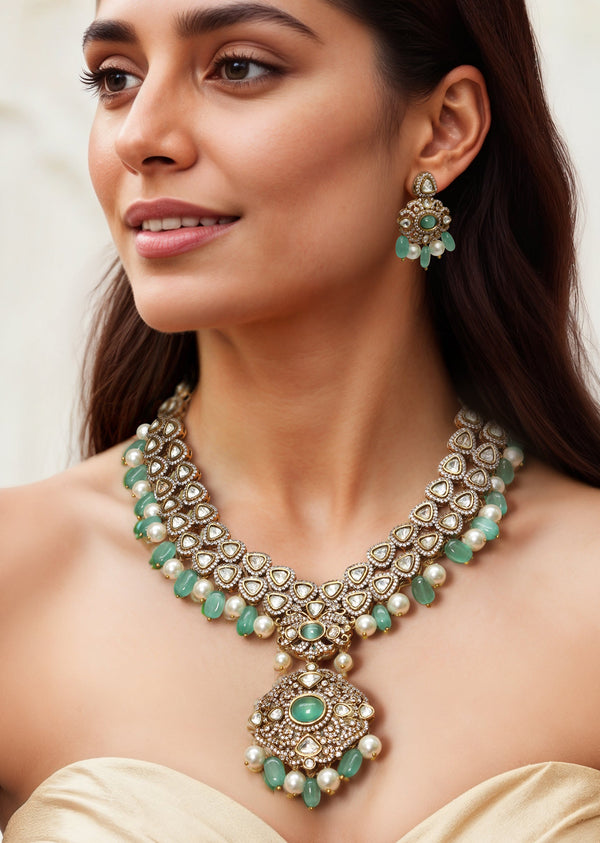 Aqua Blue Layered Modern Polki Pendant Necklace Set