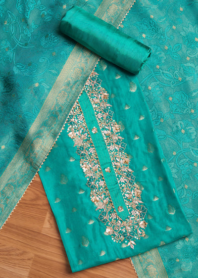 Aqua Blue Organza Brocade Unstitched Suit Set