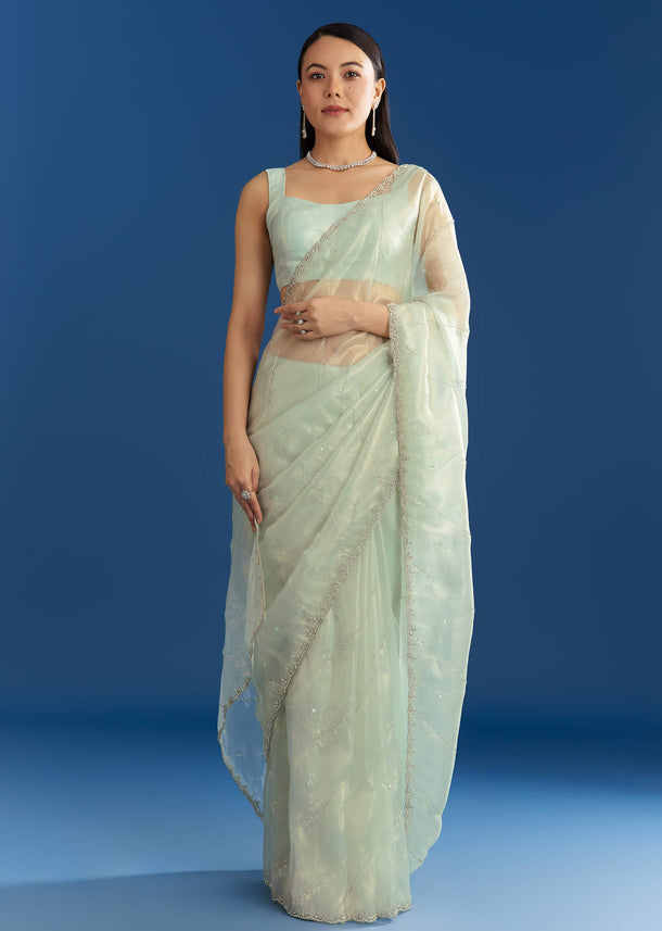 Aqua Blue Organza Tissue Saree With Embellished Border