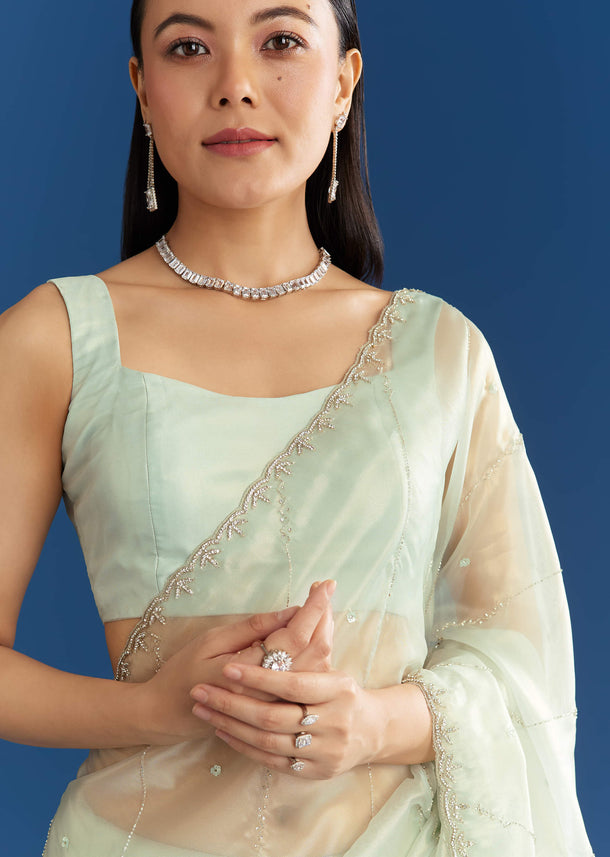 Aqua Blue Organza Tissue Saree With Embellished Border