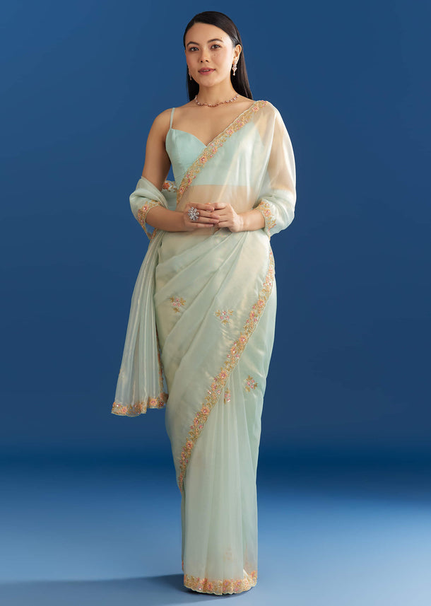 Aqua Blue Organza Tissue Saree With Multicolor Border