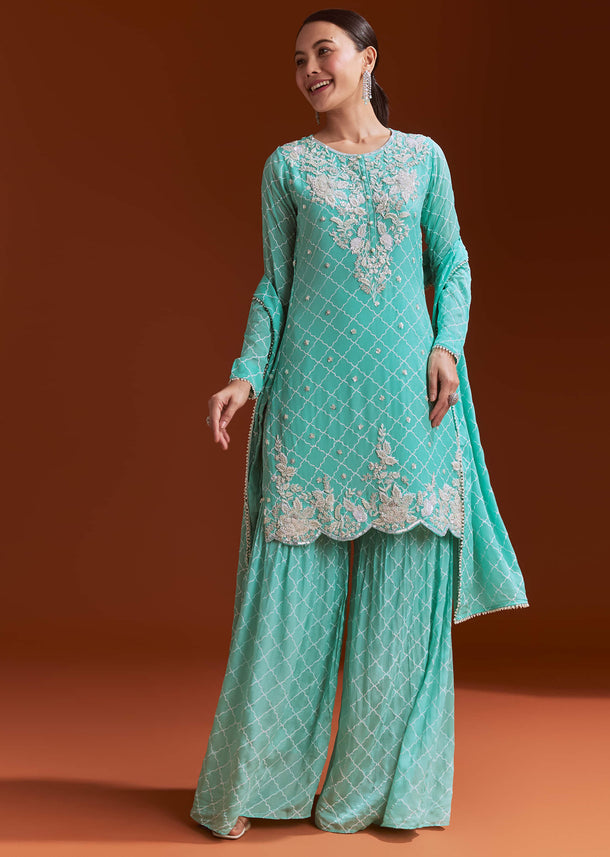 Aqua Blue Printed Chinon Sharara Set With Cut Dana And Sequins