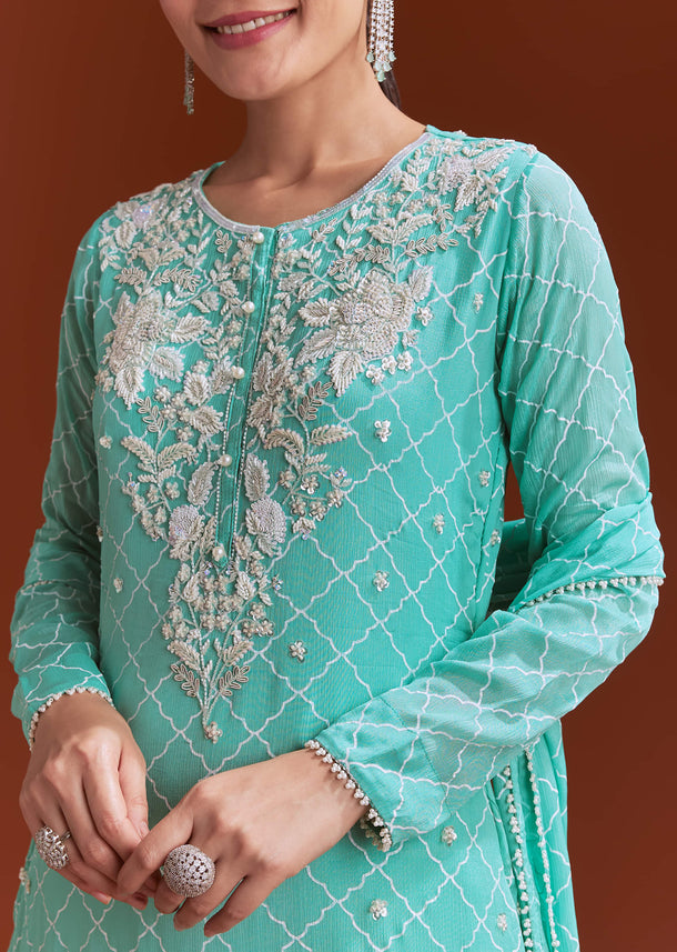 Aqua Blue Printed Chinon Sharara Set With Cut Dana And Sequins