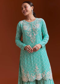 Aqua Blue Printed Chinon Sharara Set With Cut Dana And Sequins