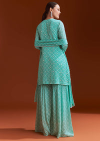 Aqua Blue Printed Chinon Sharara Set With Cut Dana And Sequins