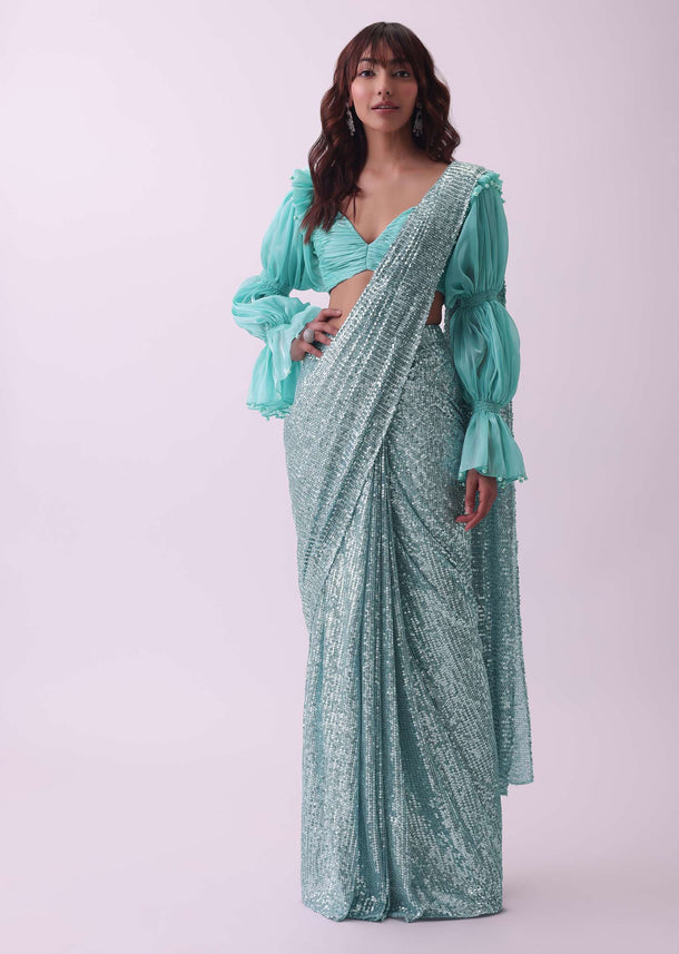 Aqua Blue Pre Stitched Sequins Saree With Rushing Blouse