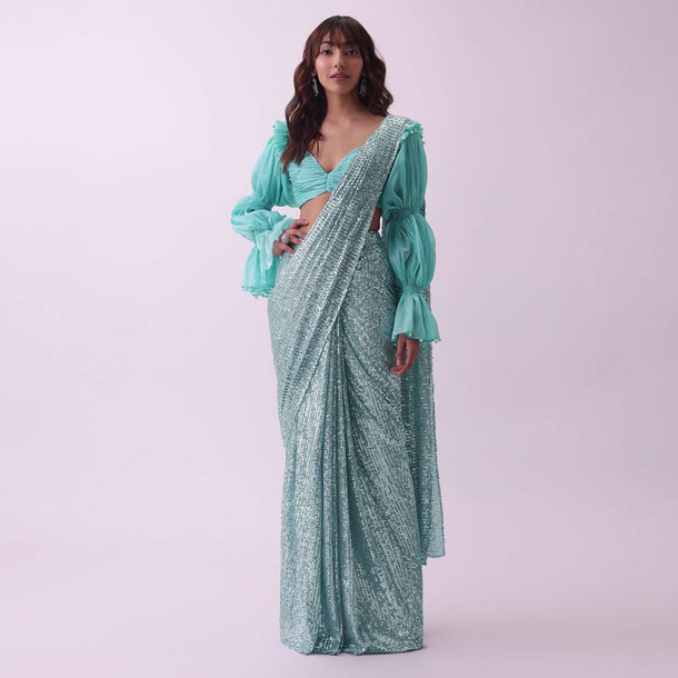 Aqua Blue Pre Stitched Sequins Saree With Rushing Blouse