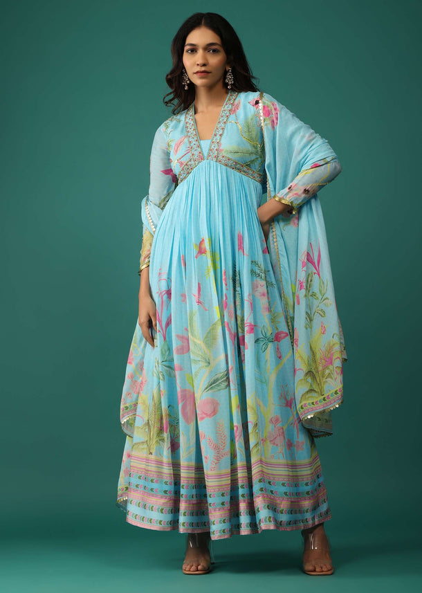 Aqua Blue Anarkali In Georgette With Cut Dana Embroidery