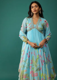 Aqua Blue Anarkali In Georgette With Cut Dana Embroidery