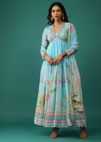 Aqua Blue Anarkali In Georgette With Cut Dana Embroidery