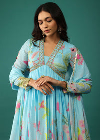 Aqua Blue Anarkali In Georgette With Cut Dana Embroidery