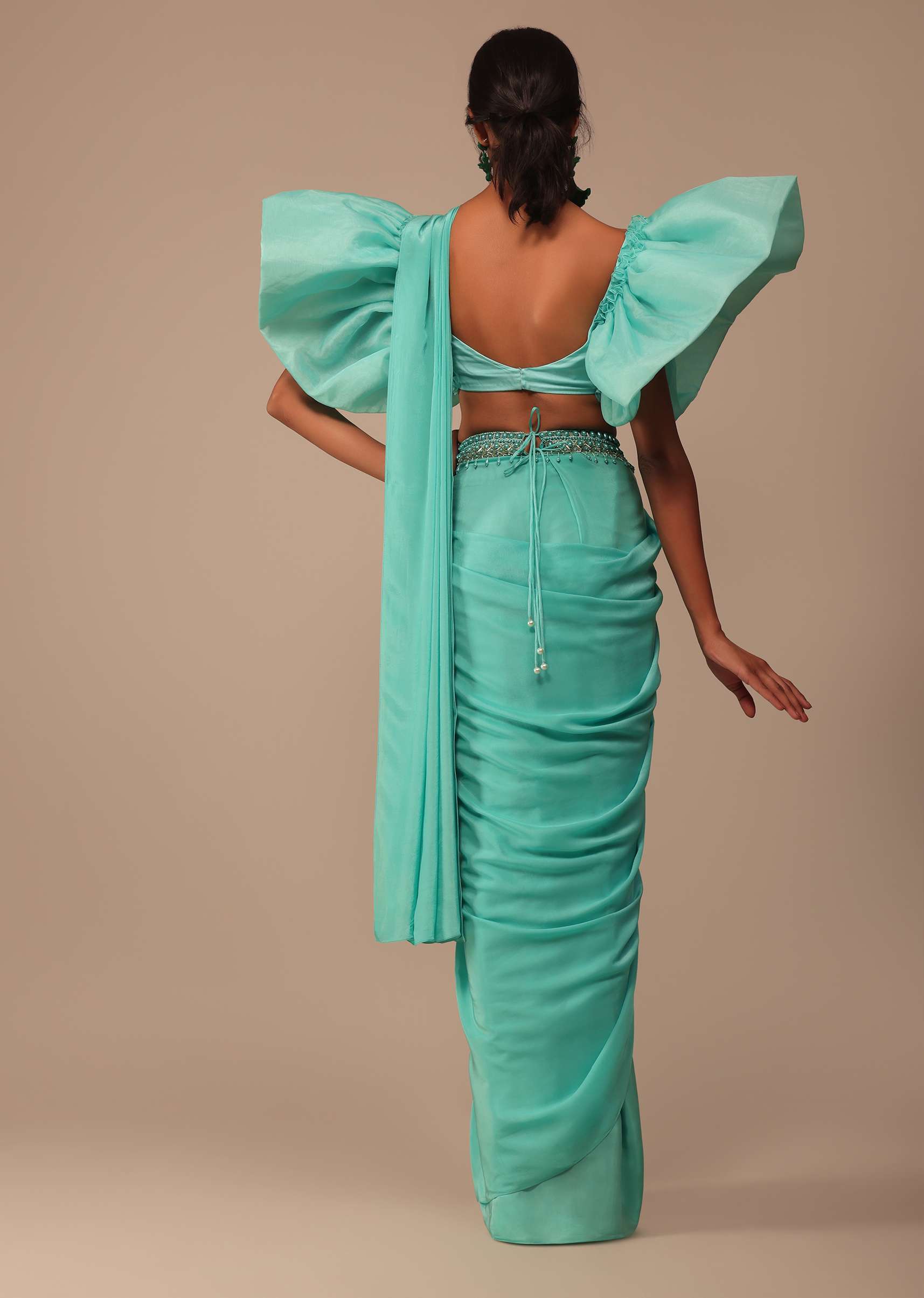 Aqua Blue Crepe Saree With Fancy Sleeves Organza Blouse