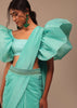 Aqua Blue Crepe Saree With Fancy Sleeves Organza Blouse