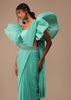 Aqua Blue Crepe Saree With Fancy Sleeves Organza Blouse