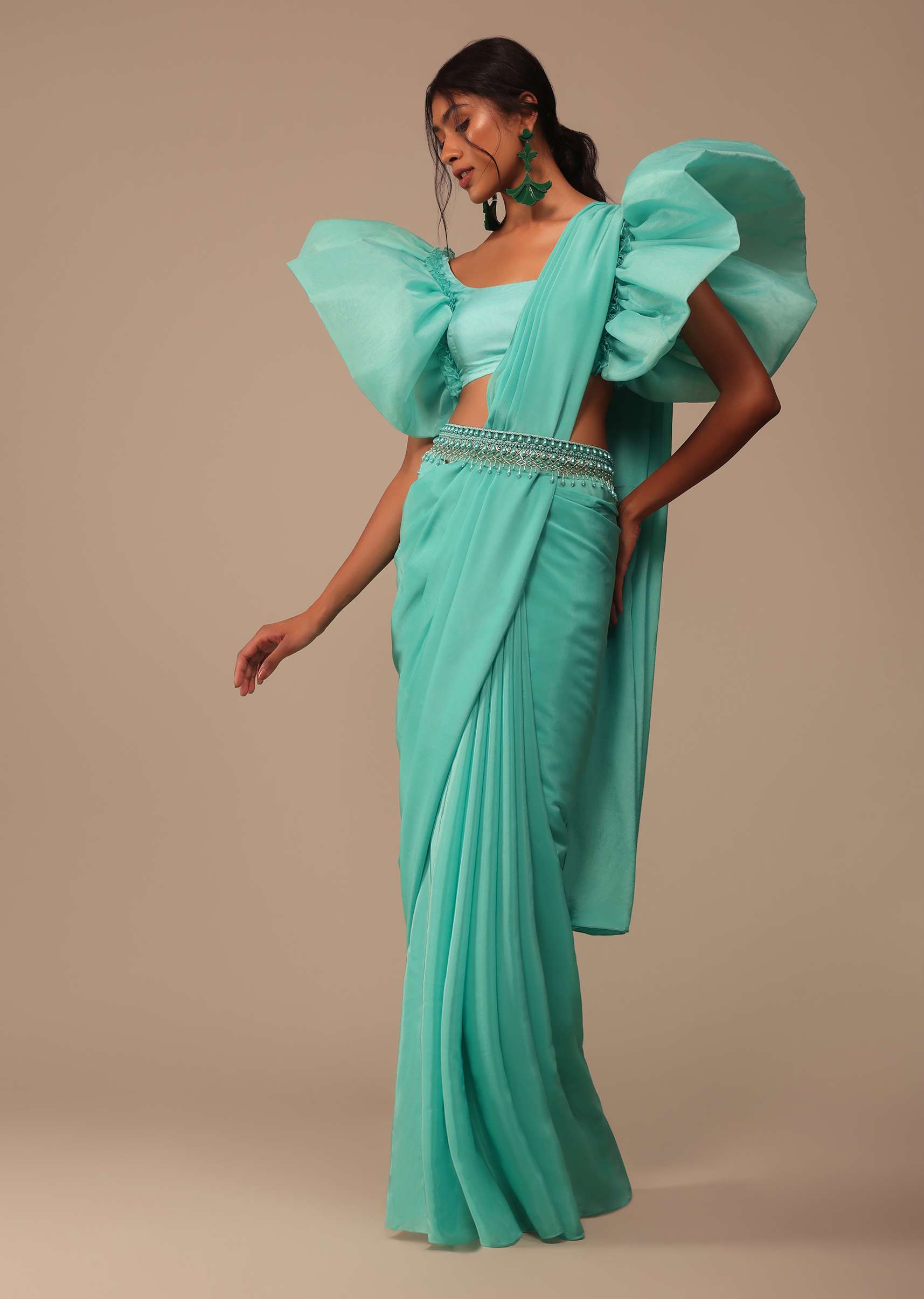 Aqua Blue Crepe Saree With Fancy Sleeves Organza Blouse