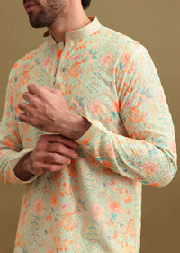 Aqua Blue Digital Printed Silk Kurta Set For Men