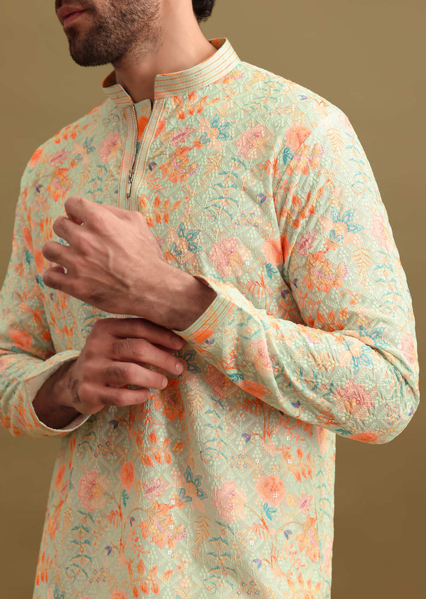 Aqua Blue Digital Printed Silk Kurta Set For Men