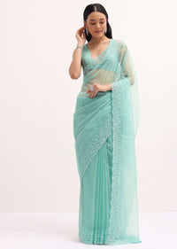 Aqua Blue Embroidered Organza Saree With Unstitched Blouse