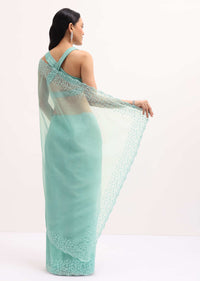 Aqua Blue Embroidered Organza Saree With Unstitched Blouse