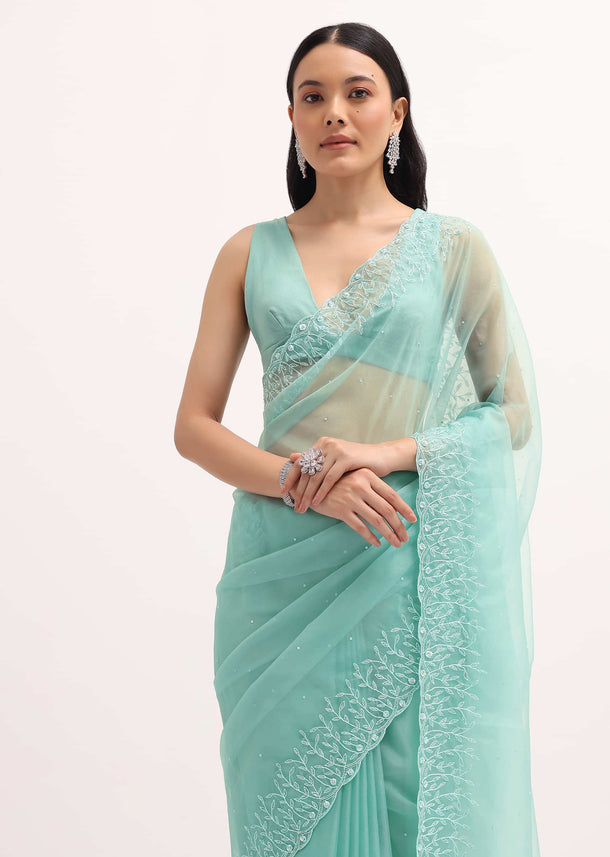 Aqua Blue Embroidered Organza Saree With Unstitched Blouse