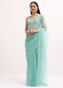 Aqua Blue Embroidered Organza Saree With Unstitched Blouse
