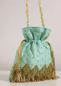 Aqua Blue Embroidered Potli Bag In Raw Silk With Tassels