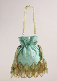 Aqua Blue Embroidered Potli Bag In Raw Silk With Tassels