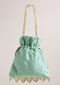 Aqua Blue Embroidered Potli Bag In Raw Silk With Tassels