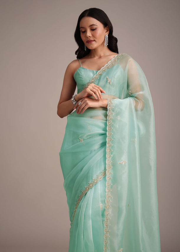 Aqua Blue Glass Tissue Embroidered Saree With Cutdana Work