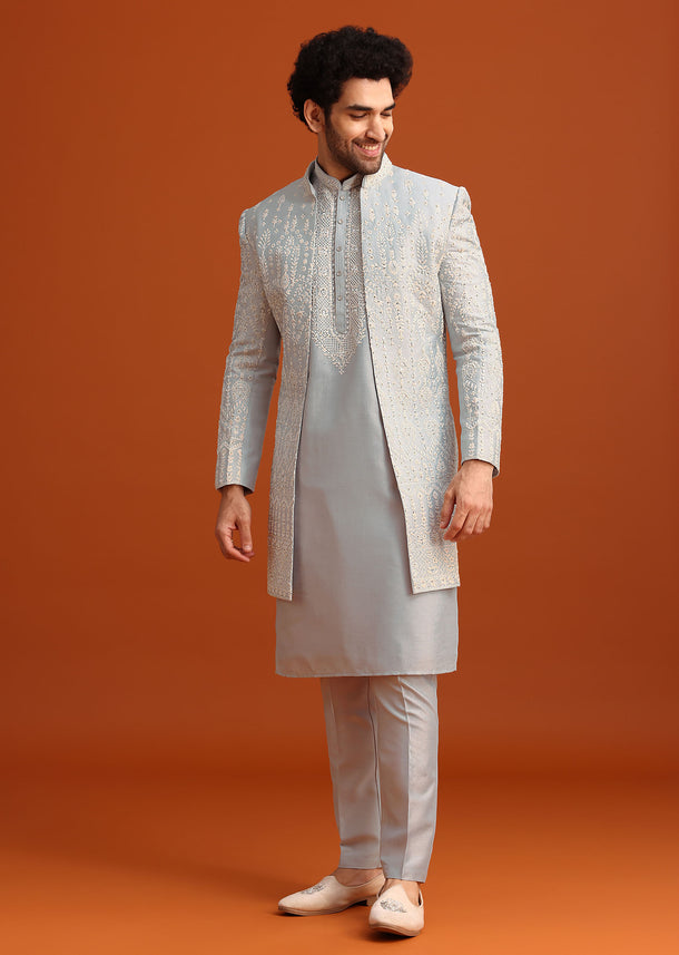 Aqua Blue Hand Embroidered Sherwani Set