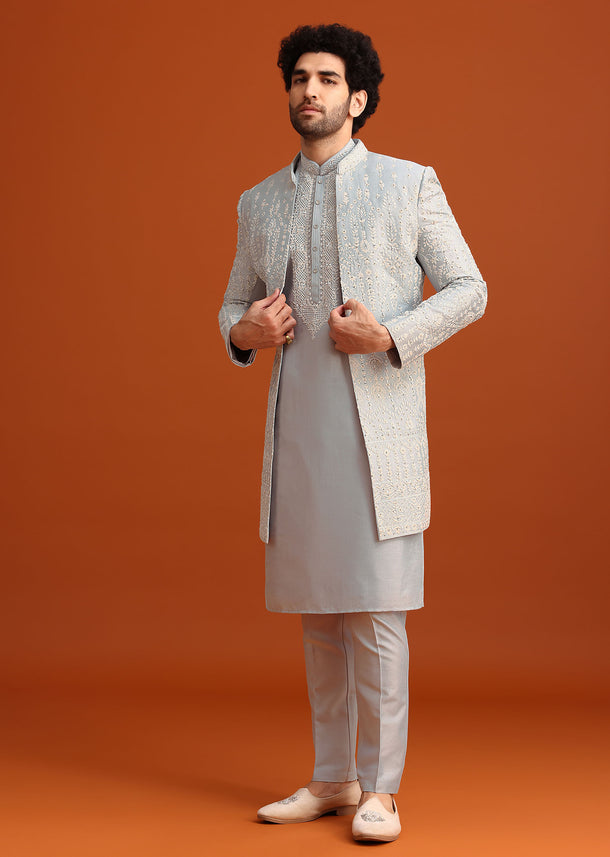 Aqua Blue Hand Embroidered Sherwani Set