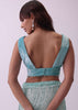 Aqua Blue Saree And Stitched Velvet Blouse With Hanging Crystals