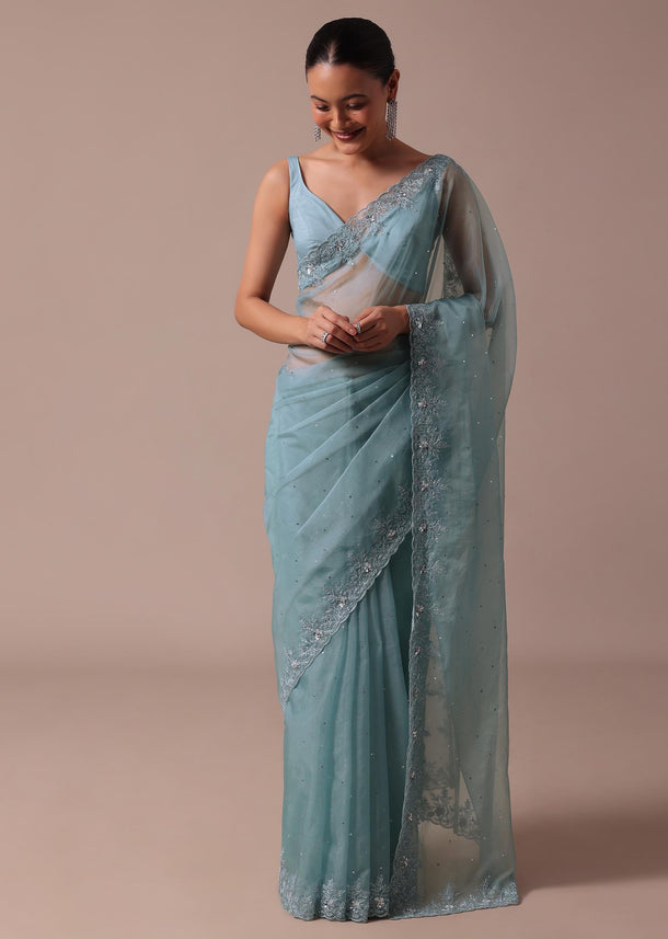 Aqua Blue Organza Saree With Unstitched Blouse