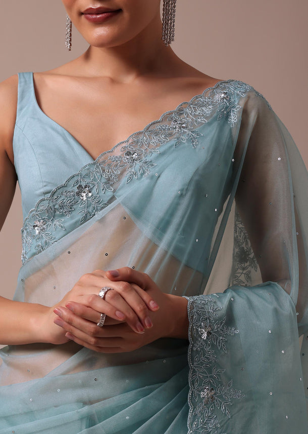 Aqua Blue Organza Saree With Unstitched Blouse