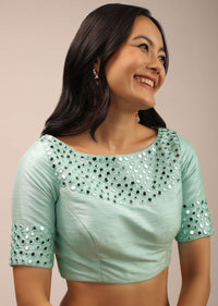 Aqua Blue Padded Blouse With Mirror Work And Half Sleeves