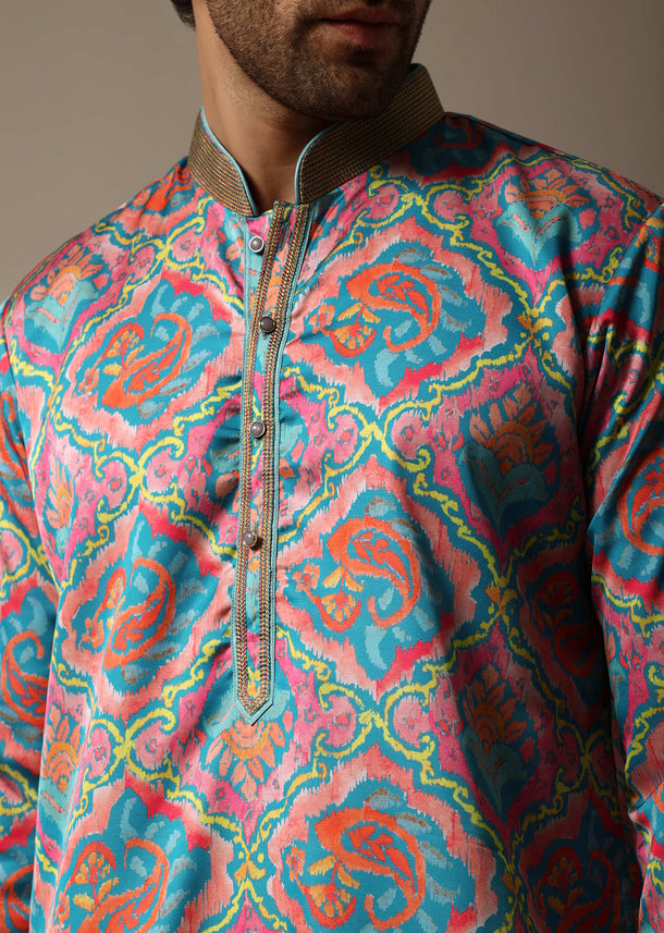 Aqua Blue Printed Silk Kurta Set For Men