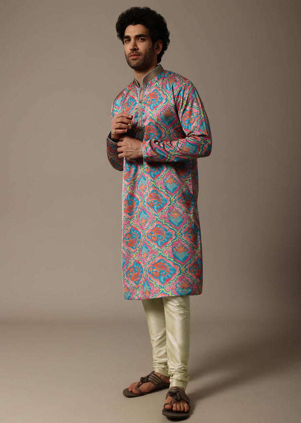 Aqua Blue Printed Silk Kurta Set For Men