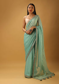 Aqua Blue Saree In Organza With Striped Print And Gotta Embroidered Border