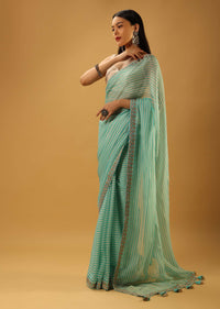 Aqua Blue Saree In Organza With Striped Print And Gotta Embroidered Border