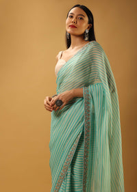 Aqua Blue Saree In Organza With Striped Print And Gotta Embroidered Border