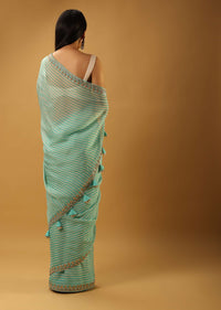 Aqua Blue Saree In Organza With Striped Print And Gotta Embroidered Border