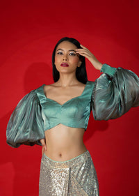 Aqua Green And Grey Organza Blouse With Elaborate Balloon Sleeves.