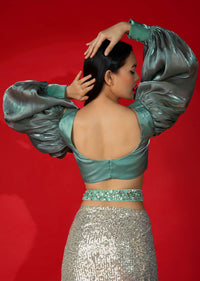 Aqua Green And Grey Organza Blouse With Elaborate Balloon Sleeves.